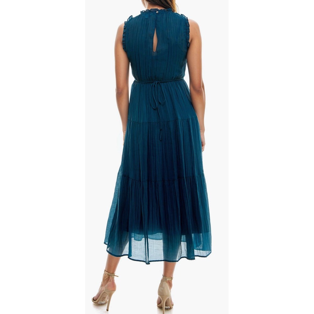 Socialite Crinkle Tiered Sleeveless Midi Dress Lined Dark Teal Blue Size S - Picture 2 of 12